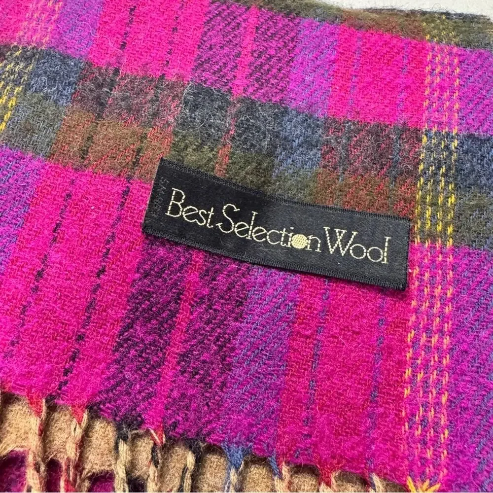 Moonbat 100% Wool Pink Brown Plaid Fringe Scarf Womens Accessories Casual